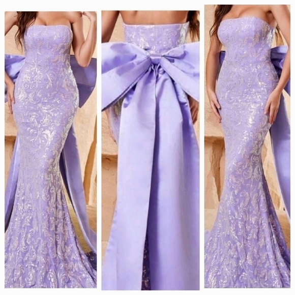 Lilac Purple, , Strapless, Big Bow, Contrast Sequined Mermaid Maxi Gown - Picture 2 of 10